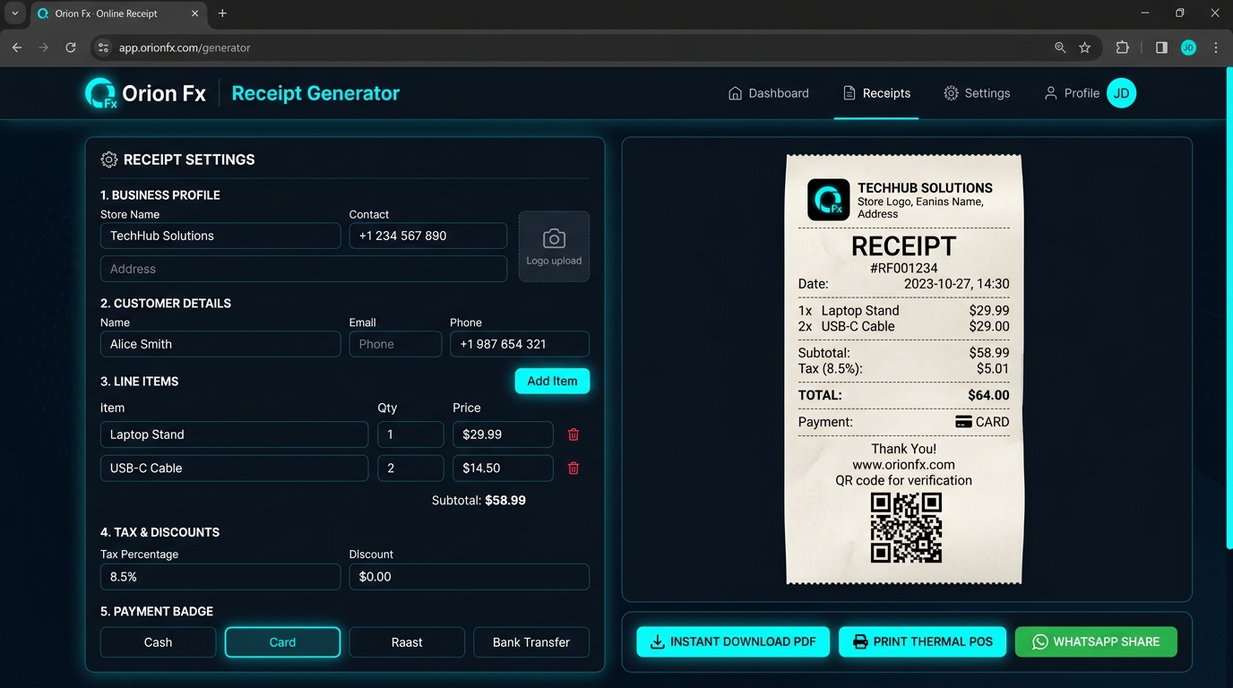 Online Receipt Generator user interface showing receipt customizer settings and thermal POS paper slip preview